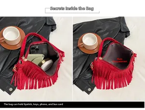 Macro view of red tassel handbag interior showing large capacity for mobile and wallet