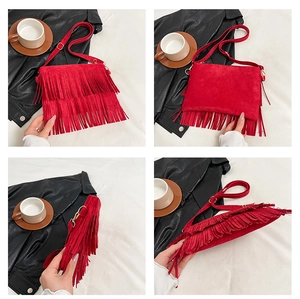 Four views of a red suede crossbody bag with layered fringe and gold-tone hardware detail