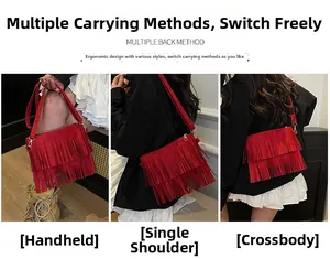 Sac bandoulière rouge à franges avec design à glands montrant trois façons de le porter