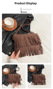Détail du sac bandoulière bohème en daim marron avec de longues franges à double épaisseur