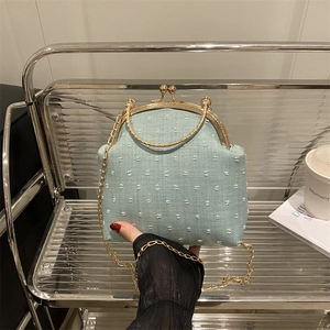 Vintage Kiss-Lock Crossbody Bag Women Polka Dot Fabric Gold Metal Ring Evening Handbag Chic Retro Elegant Style