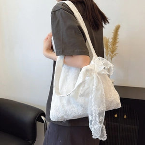 White floral lace tote bag with oversized bow and large capacity for women