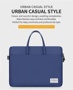 Detail of navy blue oxford laptop bag with reinforced handles and front zipper pocket