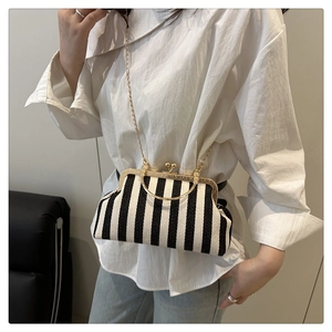 Vertical striped handbag with gold metal frame and chain strap shown on model