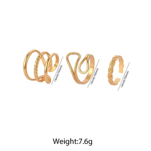 Detail view of gold stainless steel ring set showing a 1.8cm diameter and 7.6g total weight