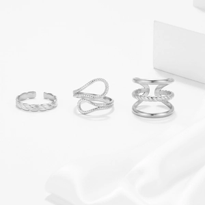 Three-piece silver stainless steel open rings with twisted rope and teardrop designs