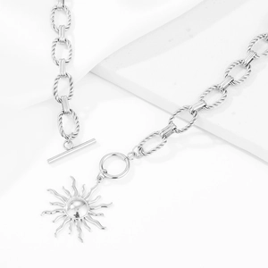 Stainless steel sun pendant necklace with chunky rope chain and OT toggle clasp