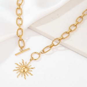 Sun Pendant Necklace Stainless Steel Chunky Twisted Rope Chain OT Toggle Clasp Bohemian Vintage Style For Women Men