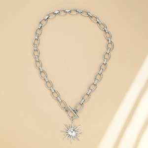 Silver stainless steel sun pendant necklace with chunky twisted chain and OT toggle clasp