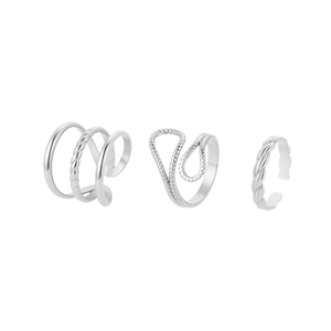 Three-piece set of minimalist silver stainless steel open rings with geometric designs
