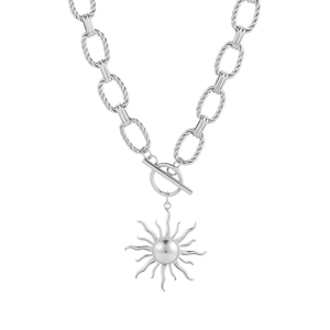 Detail of silver OT clasp and sun pendant on a stainless steel rope chain necklace