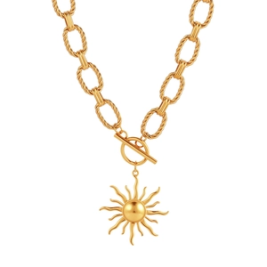 Gold stainless steel sun pendant necklace with twisted chain links and OT toggle clasp