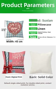 Linen Valentine cushion cover with digital print front and plain back 45x45cm