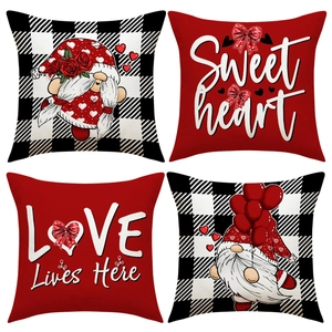 Valentine Gnome Heart Cushion Cover Polyester Linen Buffalo Check Pillow Case For Home Sofa Decor Valentine Gift No Pillow Insert
