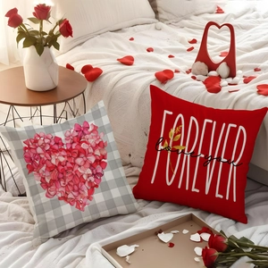 Valentine's Day pillow covers with red hearts and Forever Love text for sofa decor