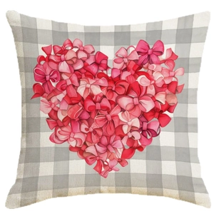 Valentine's buffalo plaid throw pillow cover with pink heart-shaped bow design
