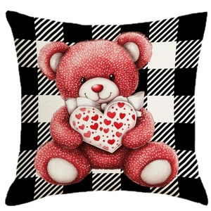 Housse de coussin cœur à carreaux avec ours en peluche mignon pour décor de la Saint-Valentin