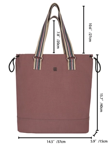 Dusty rose tote bag with colorful striped handles and dimension markings for 2025 style