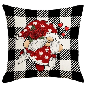 Valentine's Day gnome pillow cover with red hearts and black buffalo plaid pattern