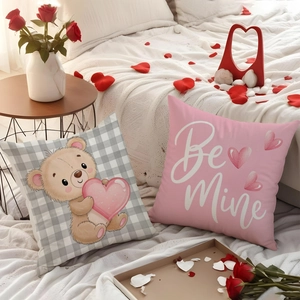 Pink Valentine's Day linen pillowcase set with bear print and Be Mine text decor