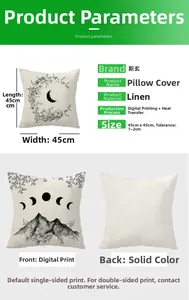 Linen pillowcase detail showing 45x45cm dimensions and monochrome moon phase print