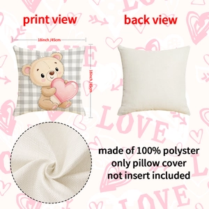 Pink Valentine's Day linen pillow cover with cute bear print and 18x18 inch dimensions