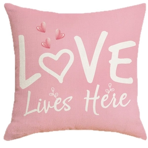 Pink linen Valentine pillow cover with LOVE Lives Here print and heart patterns