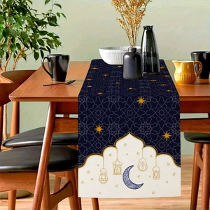 Close-up of navy moon and lantern patterns on linen Ramadan table runner decor