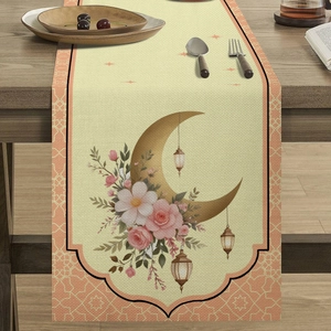 Linen table runner with moon and floral print for Ramadan festive dining table decor