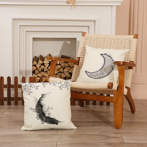 Linen moon print pillow cases in a cozy home setting on a wooden chair and floor