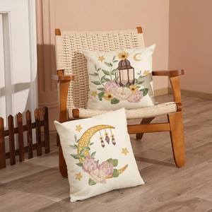 Ramadan festive throw pillow covers with moon and floral print on linen textured fabric