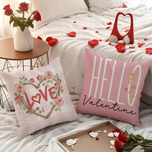 Set of two Valentine linen pillow covers with pink floral love hearts for sofa decor