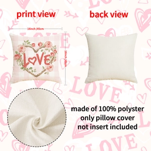 Square 18x18 inch Valentines linen pillowcase with pink heart wreath and LOVE print