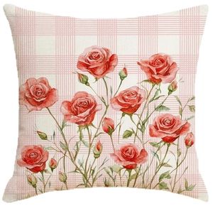 Square linen pillowcase featuring a pink plaid pattern with watercolor red roses