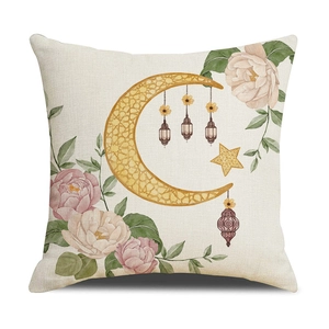 Linen Ramadan cushion cover with moon and lantern print for festive sofa decoration