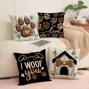 Fodera Per Cuscino Quadrata Decorativa Misto Lino Stampa Zampa Di Cane Lettere Love Decorazione Casa Divano