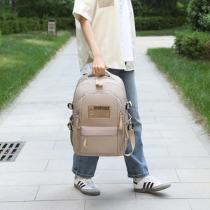 Waterproof nylon backpack in beige for students with large capacity and multi-pockets