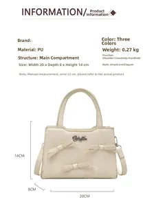 Détails du sac à main beige à nœuds avec dimensions et spécifications du matériau cuir PU
