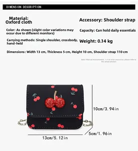 Detailed dimensions of black oxford crossbody bag with red cherry embroidery and chain