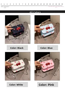 Detailed comparison of cherry patterned mini chain bags in black, blue, white, and pink