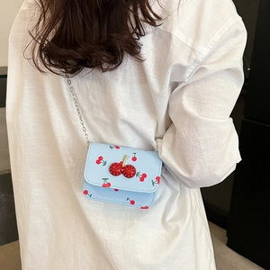 Fresh light blue saddle crossbody bag with cute cherry pattern and diamond cherry clasp