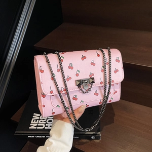 Women Cherry Print Crossbody Bag PU Leather Metal Chain Small Square Bag Sweet Vintage Flap Purse Daily Outing Bag