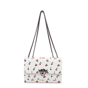White faux leather chain square bag with cherry print and metallic stud buckle detail