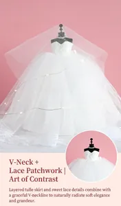 Close-up of V-neck lace dress gift with layered tulle skirt and pearl necklace accessory