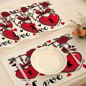 Lot de 4 sets de table en lin pour la Saint-Valentin avec motifs cœurs et roses