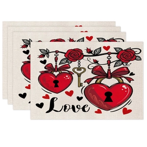 Lot de 4 sets de table en lin pour la Saint-Valentin avec cœurs rouges et roses décoratives