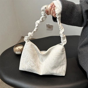 Large Capacity Marble Print Shoulder Bag For Women Ruched Handle Underarm Bag Korean Style Hobo Bag Stylish Daily Handbag