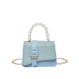 Light blue mini flap bag with pearl handle, sequined lid and golden chain strap