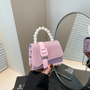 Women Small Square Bag PU Leather Glitter Flap Artificial Pearl Handle Crossbody Shoulder Bag Elegant Socialite Handbag With Metal Chain Daily Accessory