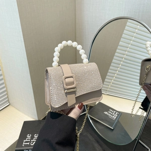 Elegant Mini Handbag With Artificial Pearl Handle And Glitter Texture PU Leather Metal Chain Strap Party Clutch For Women Bag